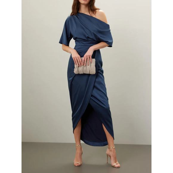 Theia Navy Blue One-Shoulder Midi Dress - Picture 2 of 11